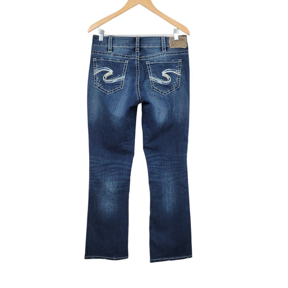 Silver Jeans Suki Mid Slim Boot Cut Bootcut Super Stretch Blue Denim Embroidered